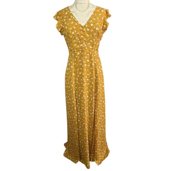 Lulus Women Size M Mustard Yellow Floral Print Backless Maxi Dress Slit - Picture 5 of 6